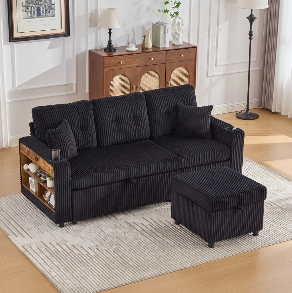 Divano letto con contenitore e USB-C 196x82-144x85 cm in corduroy nero con LED