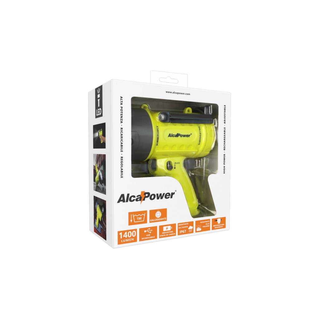 Alcapower Torcia LED Ricaricabile 1400lm IP67 Galleggiante con Power Bank integrato e 5 modalità di illuminazione per impieghi professionali