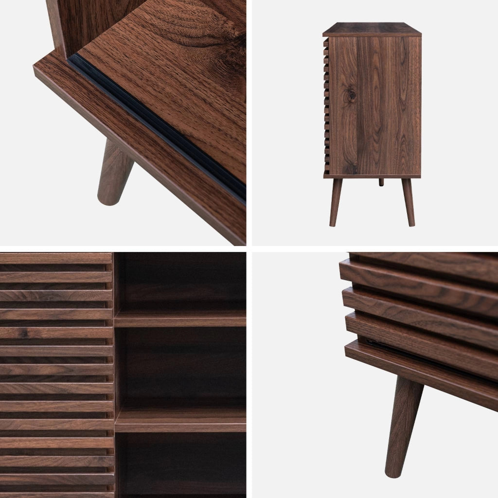 Credenza scandinava in legno con 2 ante scorrevoli scanalate, 140cm,