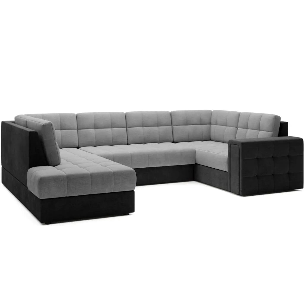 Divano angolare trasformabile MONTEZA grigio e nero sinistro 299 cm con contenitore e letto