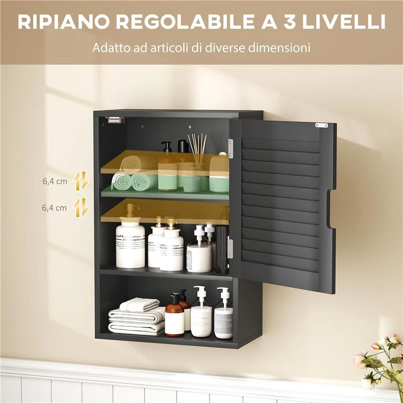 ARMADIETTO BAGNO A PARETE CON RIPIANO REGOLABILE E ANTA AMMORTIZZATA, 40X20X60 CM, NERO