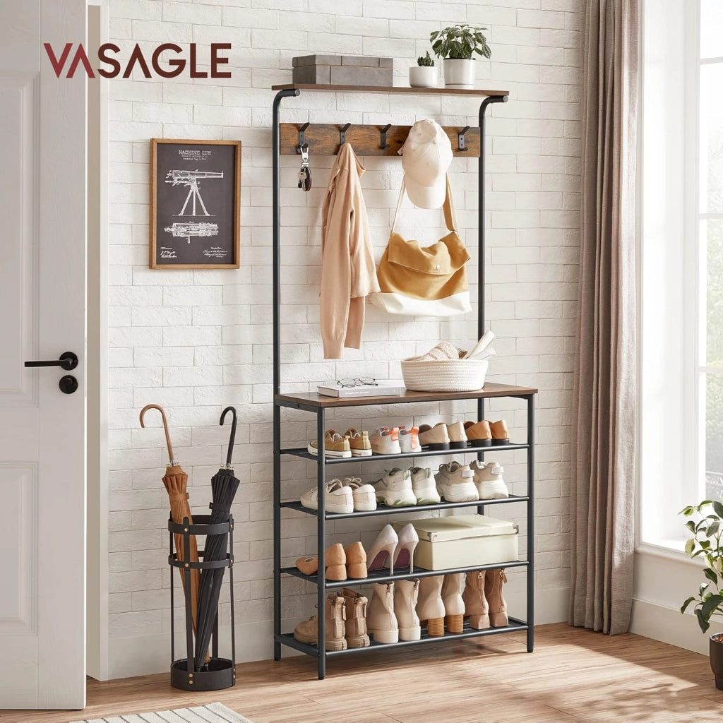 VASAGLE Appendiabiti, albero da ingresso con scarpiera, scarpiera a 5 piani di altezza diversa, 5 ganci doppi, ripiano superiore, dormitorio nel corridoio, industriale, rustico marrone e nero