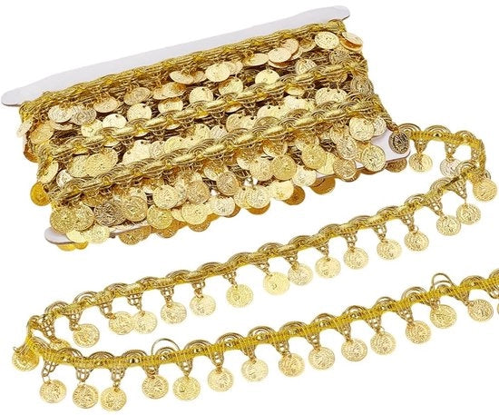 Pailletten in forma di moneta dorata - 10 Metri di setole per decorare - Frangia a strisce - Cintura per danzatrice - Cinturino per la schiena - Ricamo DIY - 36 mm di larghezza