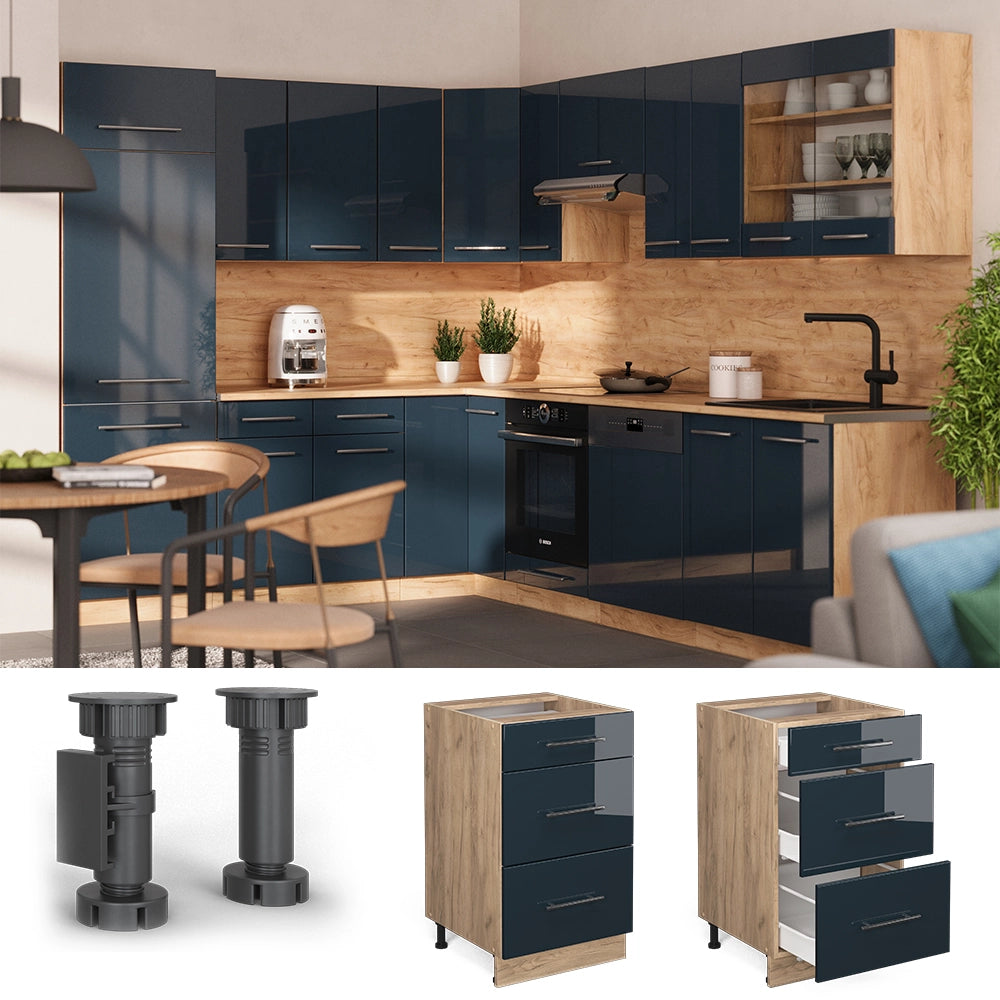 Mobiletto base per cucina Fame-Line Blu scuro lucido/Rovere dorato 50 cm, PL Antracite Vicco