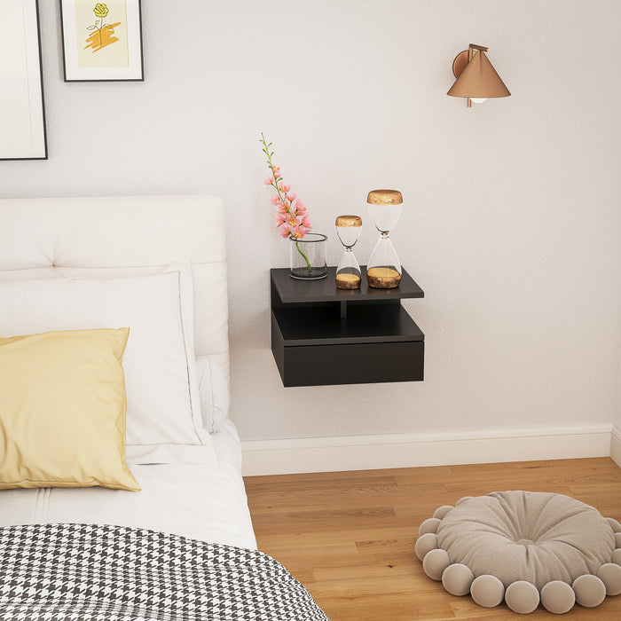 Comodino Sospeso per Camera da Letto 35x32x22,5 cm con Cassetto in Legno Nero