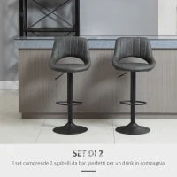 Set 2 Sgabelli da Bar Girevoli con Schienale e Poggiapiedi, Sgabelli Alti Moderni con Altezza Regolabile Base in Metallo Seduta Finta Pelle Grigia, 47x52x87-109cm