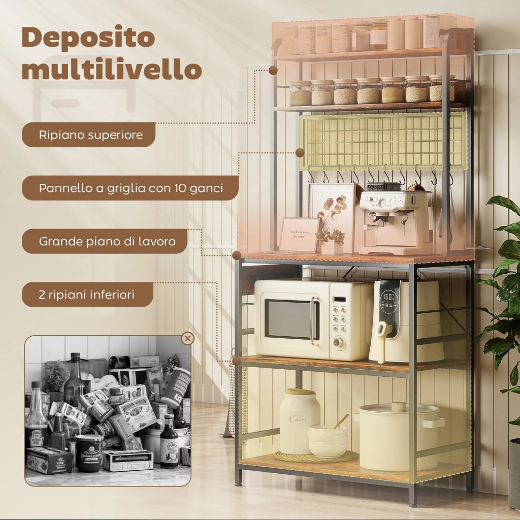 Scaffale da Cucina con Ripiani e Ganci ¨C zephmum ¨C Legno e Acciaio, 80x40x170, Marrone