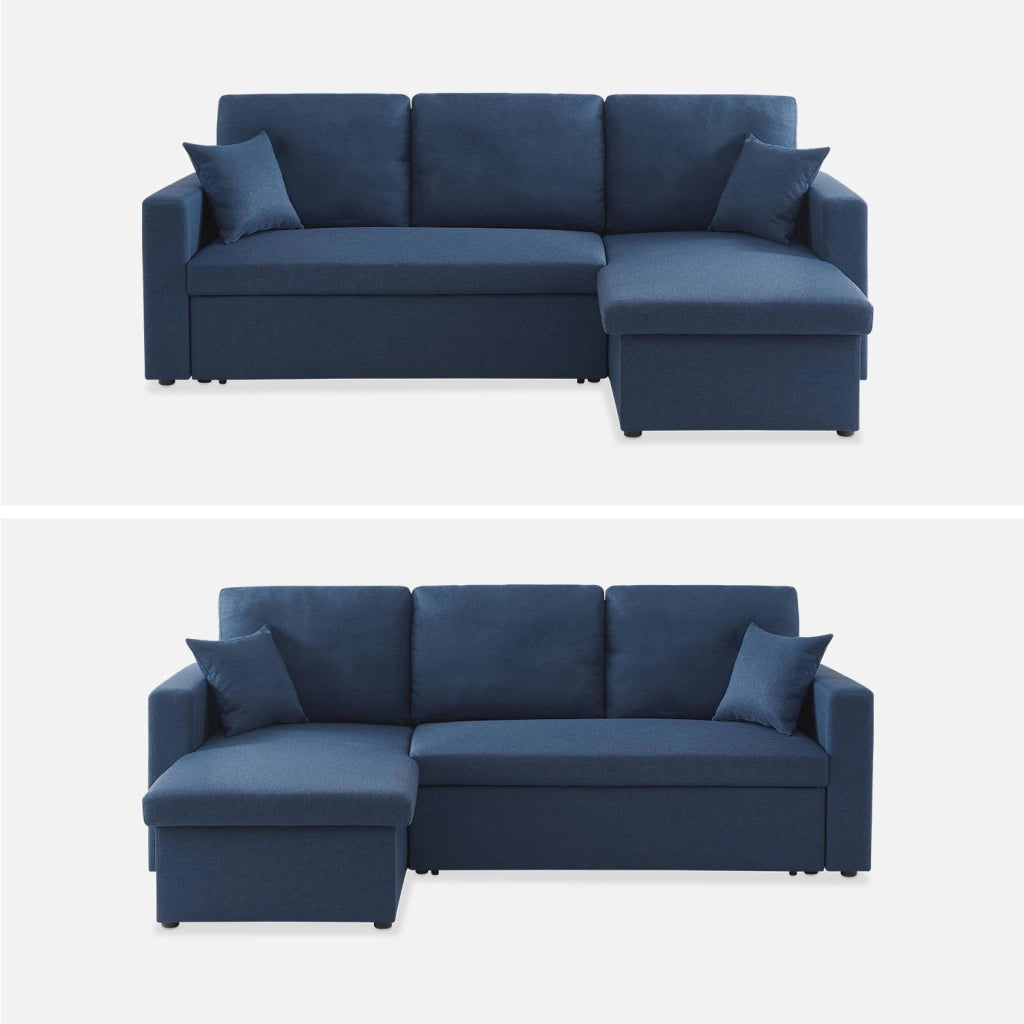 Divano letto angolare reversibile con contenitore, 3 posti, blu