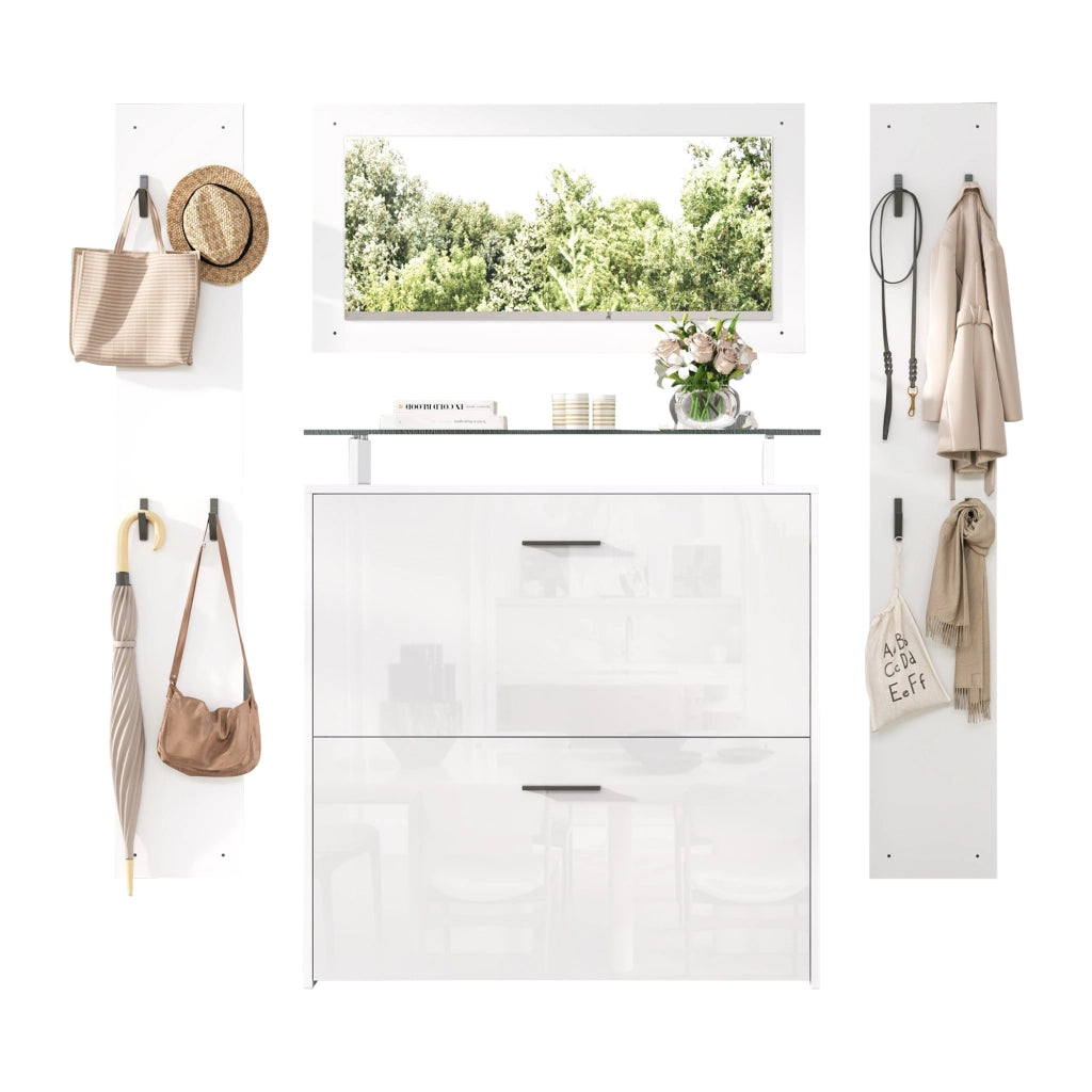 Set Guardaroba Ingresso 4 Pezzi Bianco 89;5×23×96;5 cm con Specchio; Scarpiera Lucida e 8 Ganci