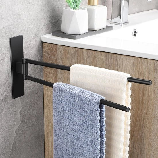 Sostegno Asciugamano Senza Forare Nero Mat 180° Rotante Sostegno Asciugamano Autoadesivo Sostegno Asciugamano 304 Acciaio Inossidabile Sostegno Asciugamano per Bagno Doppio Sostegno Asciugamano 39CM