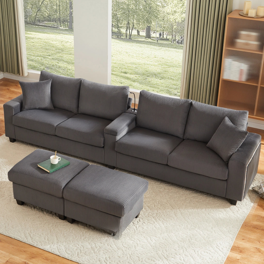 Divano a U con contenitore; lampada e USB in velluto a coste grigio 334×128.5×81 cm