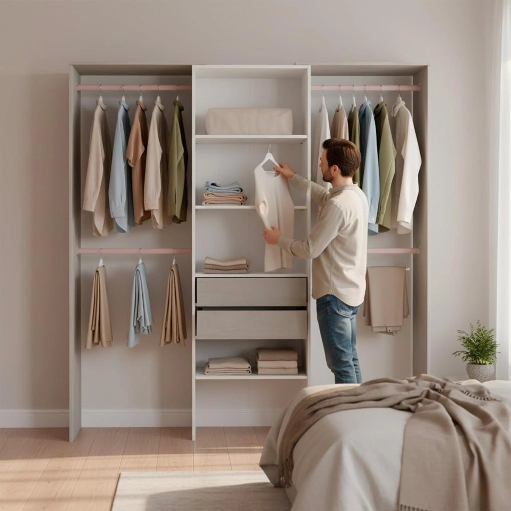Armadio Guardaroba Da Terra Senza Porte Con 4 Barre Appendiabiti 4 Ripiani E 2 Cassetti Design Salvaspazio Per Camera Da Letto Cabina Armadietto 203 X 50 X 179 Cm Bianco Opaco Grigio Cemento