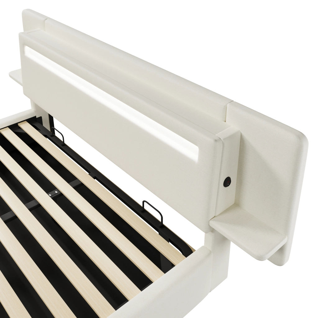 Letto imbottito 180x200 cm in lino beige con contenitore; LED multicolore e presa USB