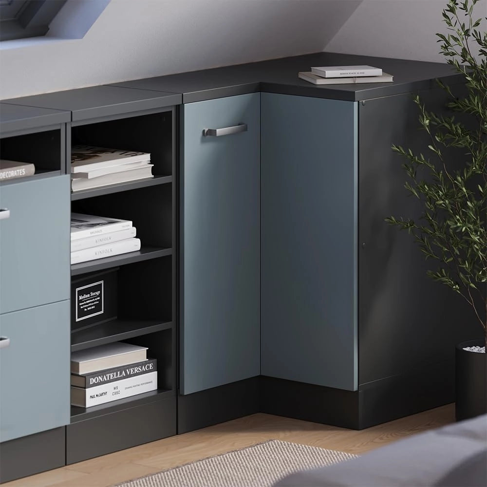Mobile sottotetto Mobile angolare Rion, Grigio-blu, 75.6 x 81.6 cm con 1 porta, carcassa dell’armadio profondità 60 cm, adatto per il salvaspazio sotto tetti spioventi