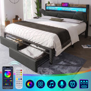 Letto matrimoniale 140x200 cm con LED; USB C; testiera contenitore e 2 cassetti; tessuto grigio