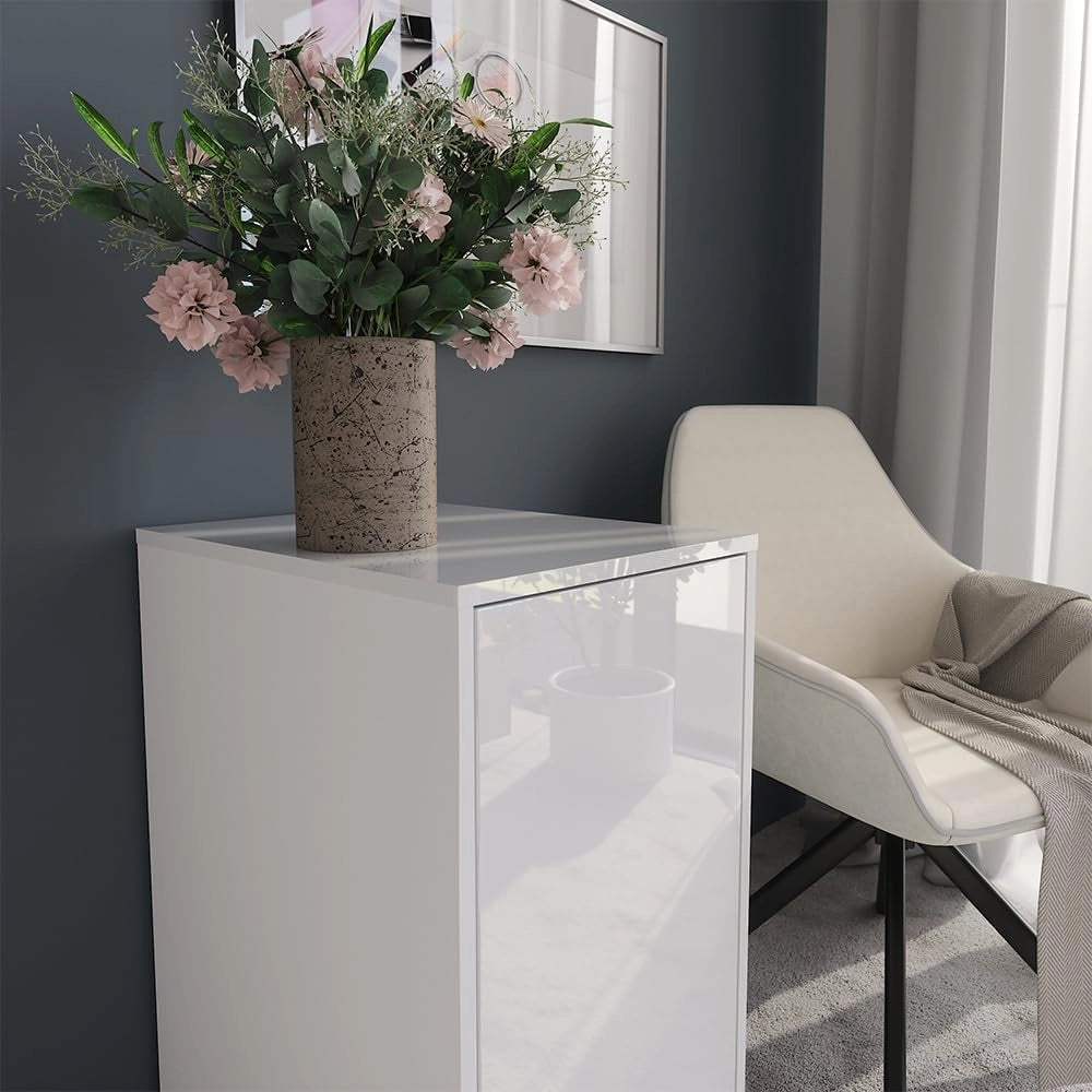 Credenza Sherry, Bianco/bianco lucido, 40.2 x 76 cm con coperchio del contenitore, adatto per la conservazione in soggiorno o in camera da letto