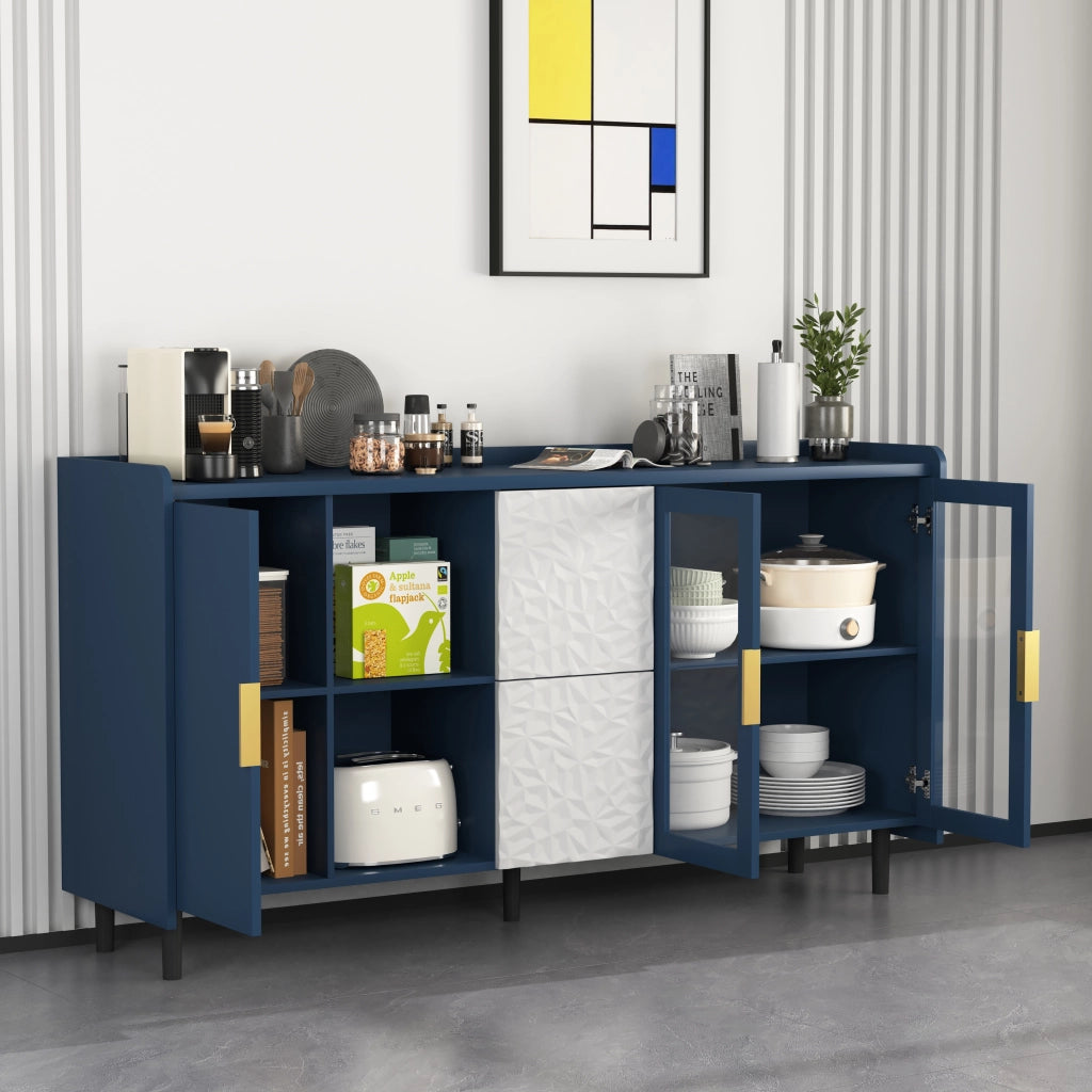 Credenza da cucina con 2 Cassetti; 2 Vani aperti e 2 Ante in vetro per Cucina in MDF Blu