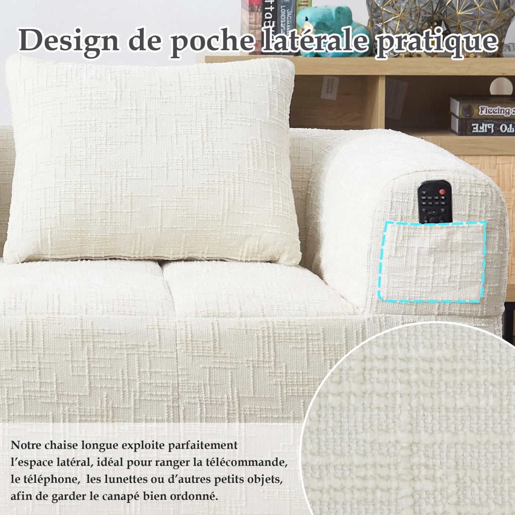 Divano Dritto 2 Posti con Chaise Longue; senza Montaggio; con Cuscino e Tasche Laterali; Comfort Nuvola in Ciniglia Beige