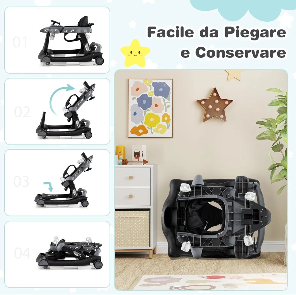 6 in 1 Girello per Bambini, Girello Pieghevole con Altezza Regolabile a 3 Livelli, Scatola Musicale Rimovibile, Vassoio per Alimenti, Portata 12 kg, per Bambini di 6-18 Mesi (Grigio)