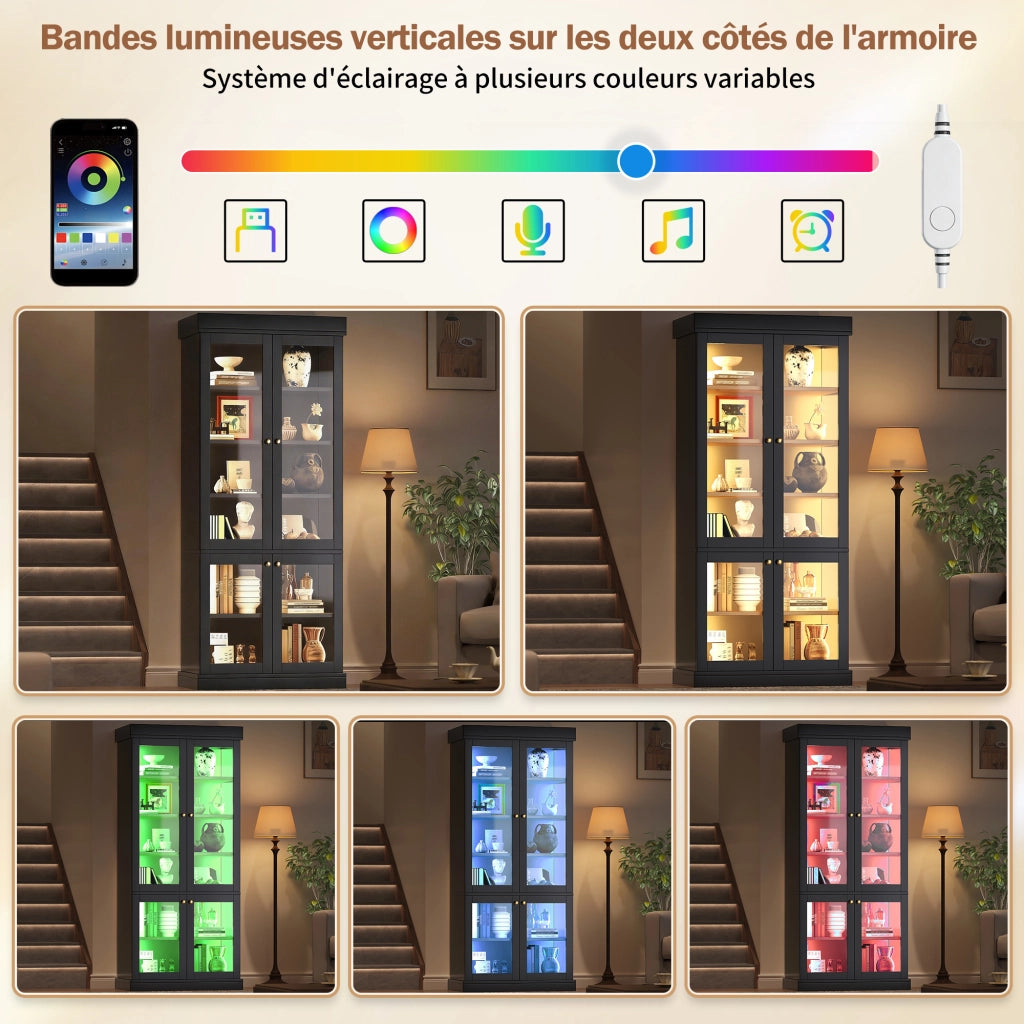 Armadio con LED e 2 sistemi antiribaltamento, ripiani regolabili, per soggiorno e camera da letto, nero 160 × 40 × 180 cm