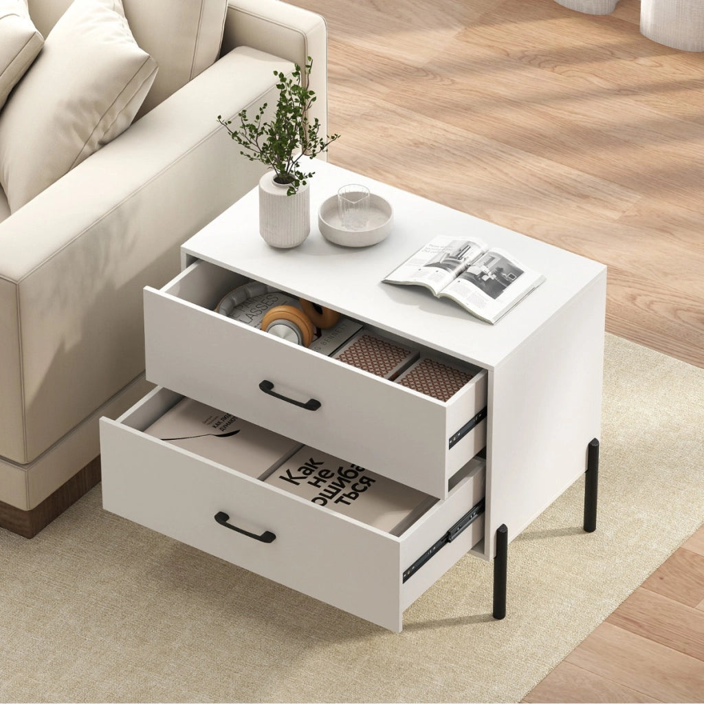 Cassettiera 2 cassetti comodino moderno gambe maniglie metallo-Tavolino da notte anti-ribaltamento Bianco