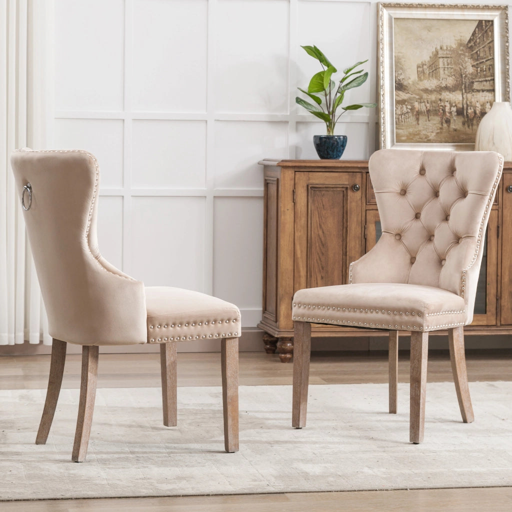 Sedia da Pranzo Imbottita in Velluto ¨C MINIMAL ¨C Beige, Gambe in Legno Massello, Set 2 Pezzi