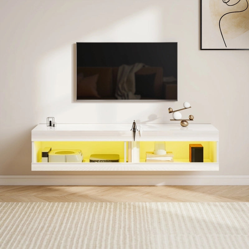 TV Lowboard sospeso con illuminazione LED RGB a 16 colori, finitura bianco lucido, 140 x 40 x 30 cm