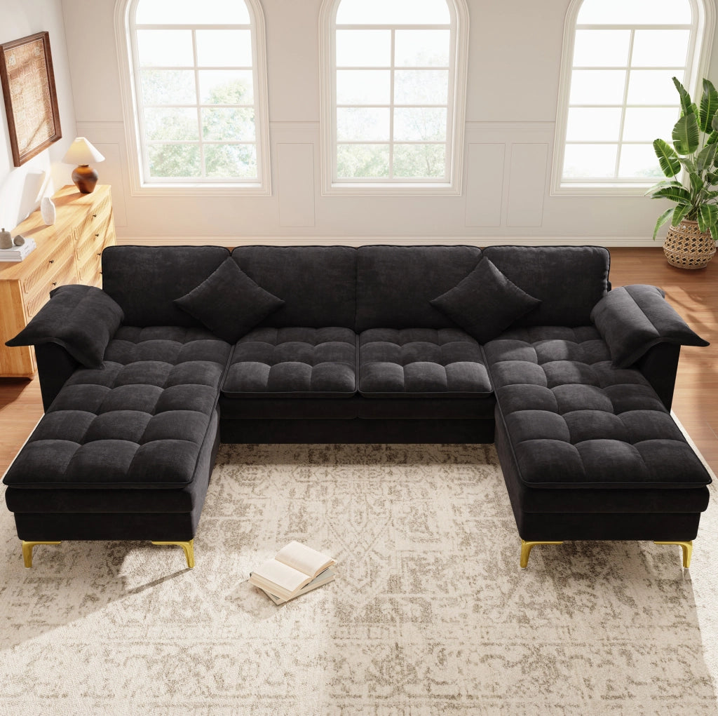 Sofa a U modulare 4-5 posti 262x134x86 cm in chenille nero; con 2 chaise longue