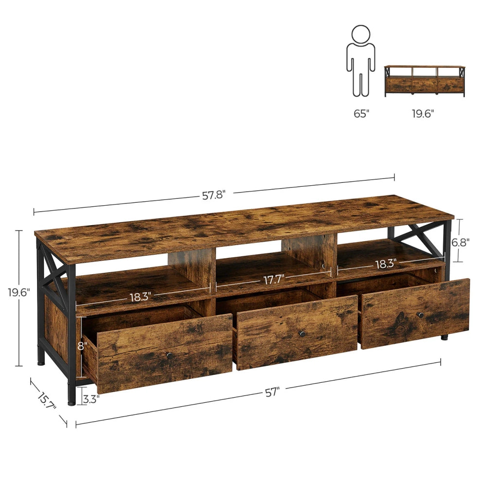 Mobile porta TV/contenitore per TV fino a 65 pollici con 3 cassetti e ripiani 147 x 40 x 50 cm stile industriale/country struttura in acciaio marrone 12_0006549