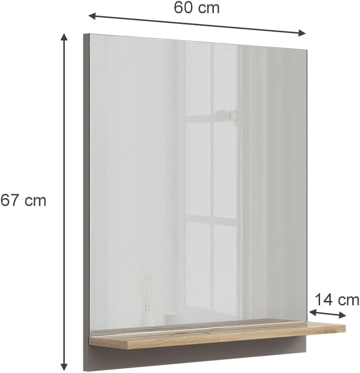 Specchio contenitore bagno Marelle, Grigio, 60 x 67 cm con ripiano, adatto per il montaggio a parete in ambienti umidi