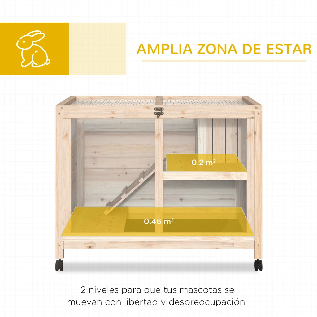 Gabbia per Conigli a 2 Livelli in Legno con Ruote ¨C zephmum ¨C 91.5x53.3x73 cm