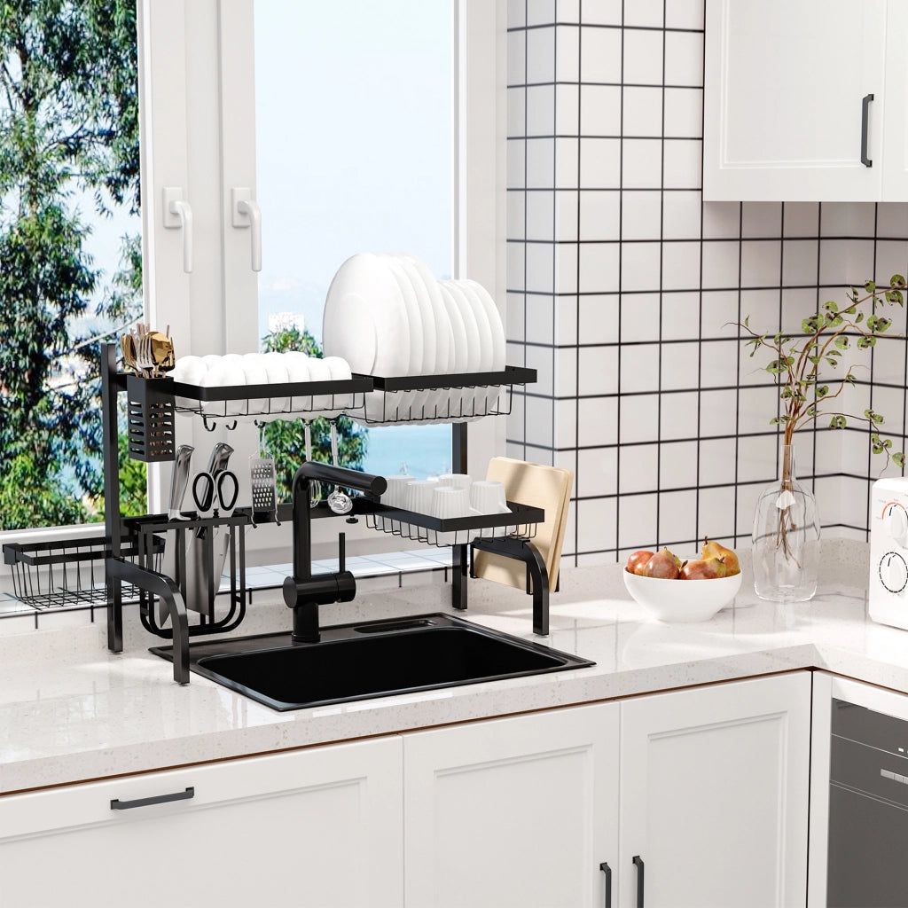 Scolapiatti a 2 livelli con ganci e vassoio di raccolta, in acciaio, nero, 51-93 cm, per cucina.