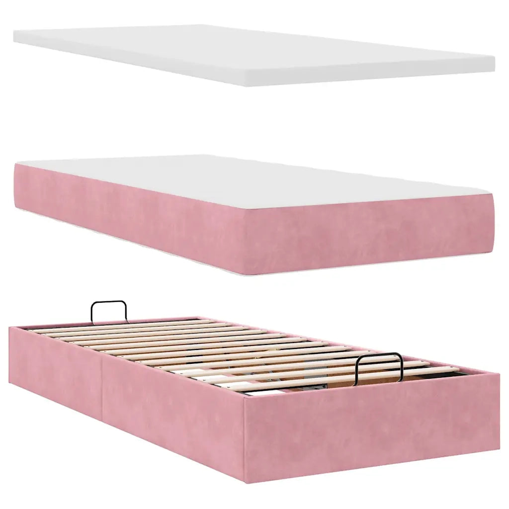 Struttura Letto Pouf con Materasso Rosa 90x190 cm in Velluto 3311674