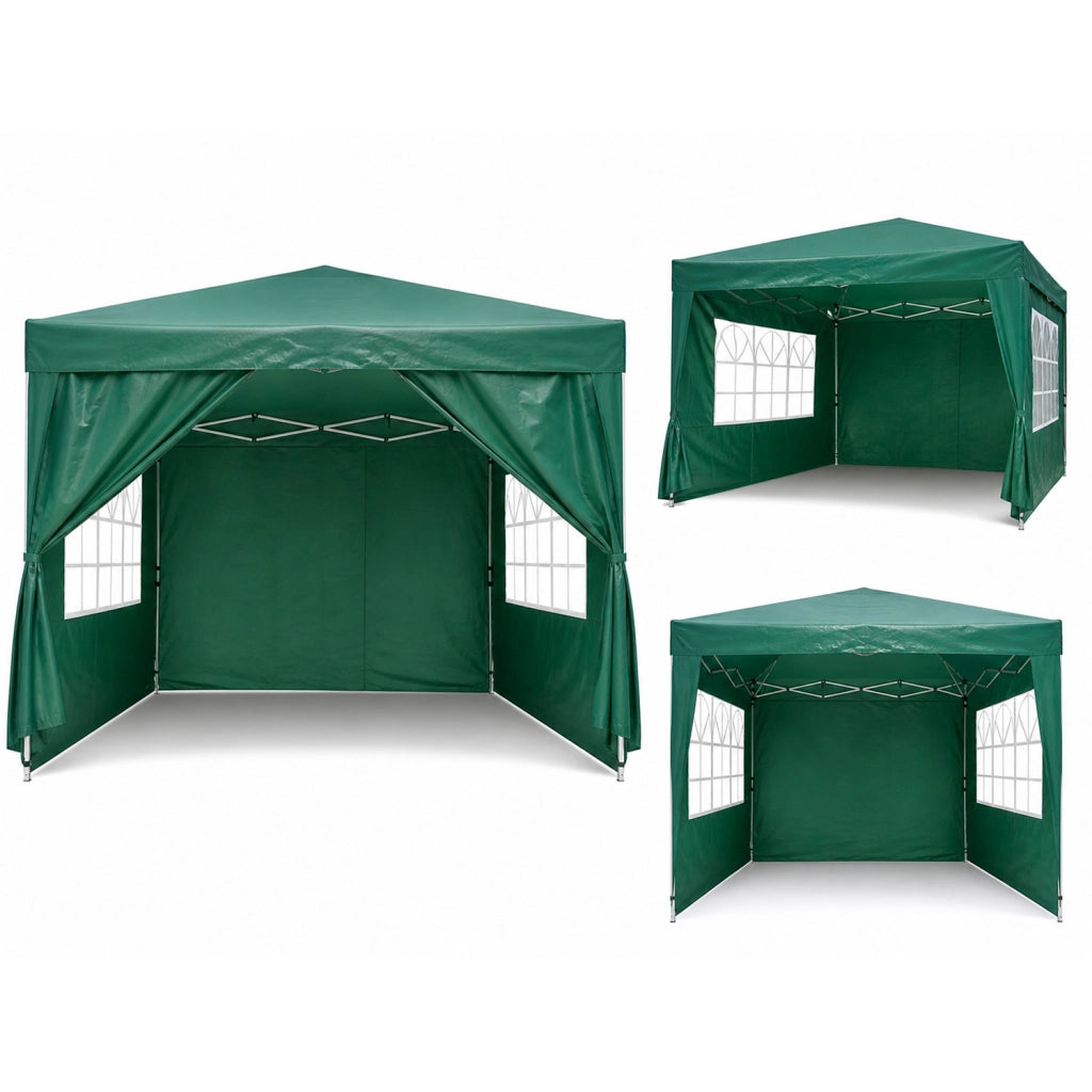 Gazebo Pieghevole Da Giardino Con Pareti Laterali E Finestre Trasparenti Sistema Pop Up Copertura Impermeabile UV50+ Telaio In Acciaio Per Eventi Outdoor 3 x 3 x 2.59 M Verde