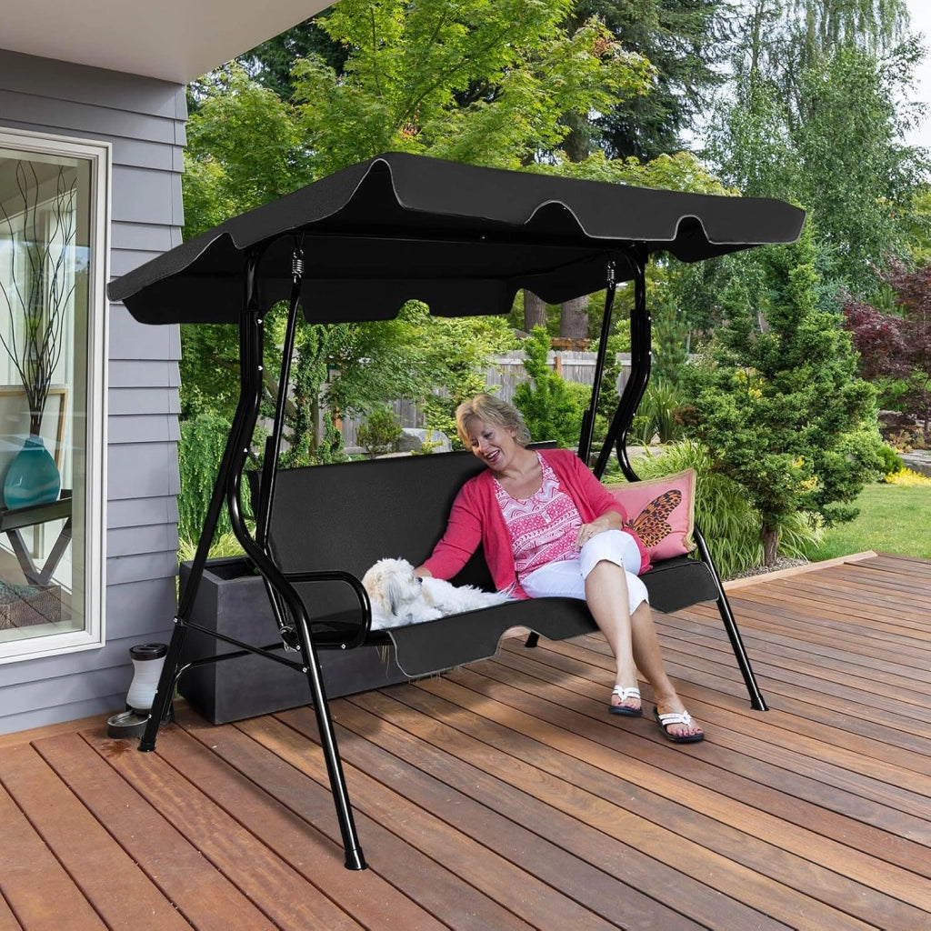 Dondolo da Giardino 3 Posti con Tettuccio Regolabile, Cuscino Removibile, Sedia Sospesso con Struttura in Metallo, Portata 225 kg, 172 x 110 x 154 cm (Nero)