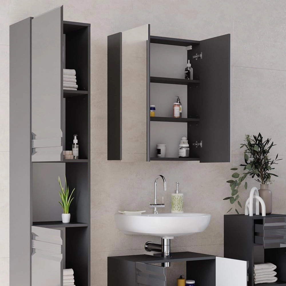 Set mobili bagno Fredd, Antracite lucido, 56 cm, composto da mobile lavabo, pensile a specchio, colonna e base media