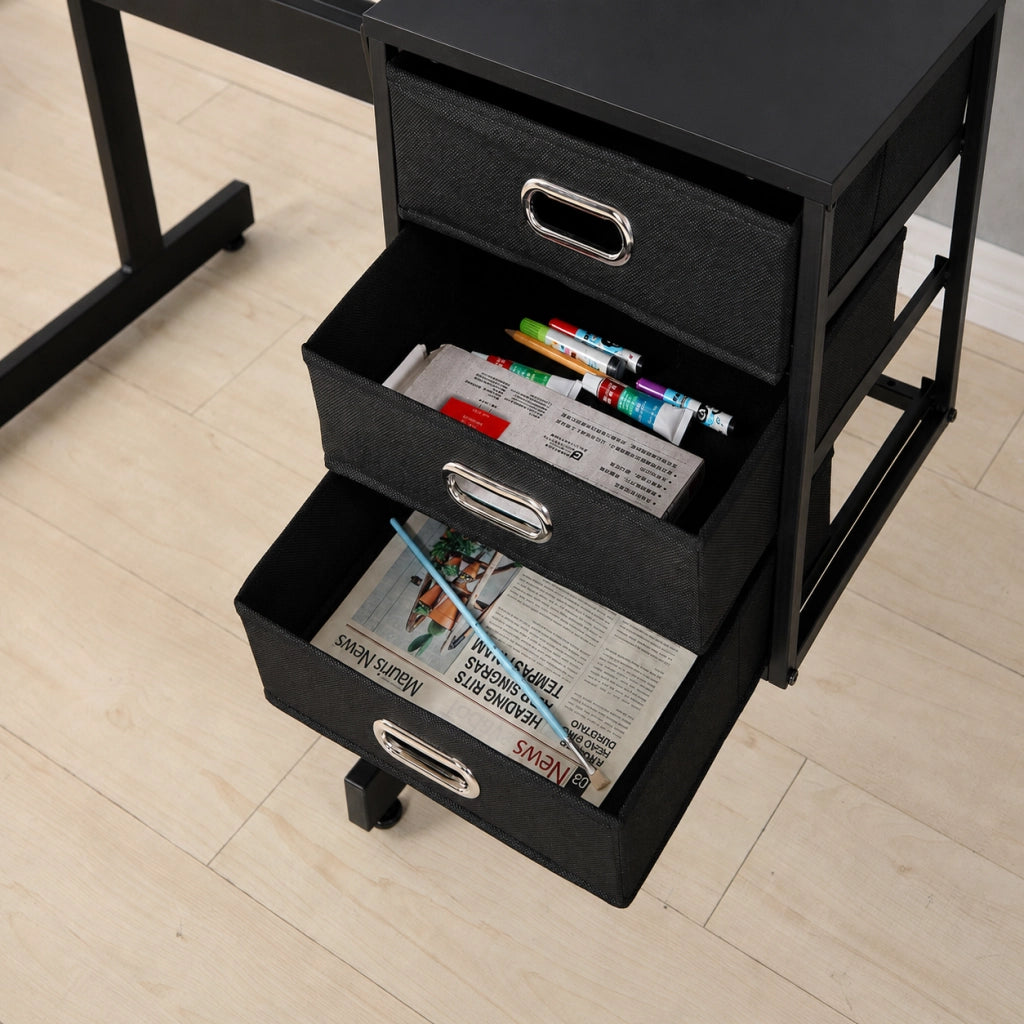Tavolo da disegno nero con sgabello e 3 cassetti; MDF e metallo; piano inclinabile 0-75°