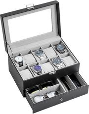 Cassa orologio 2 in 1, cassa orologio con vetrata, cassa orologio, cassetto orologio, 10 contenitori e 1 cassetto per orologi, anelli, bracciali - nero