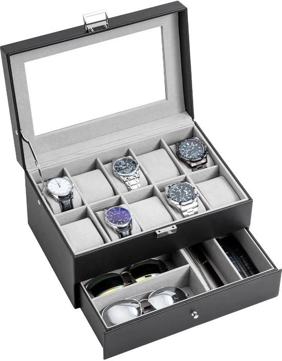 Cassa orologio 2 in 1, cassa orologio con vetrata, cassa orologio, cassetto orologio, 10 contenitori e 1 cassetto per orologi, anelli, bracciali - nero