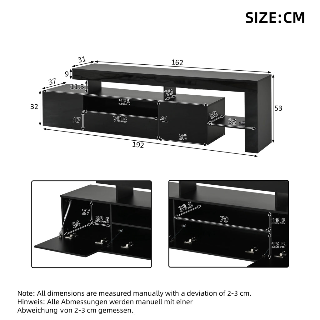 Mobile TV lucido nero 192x37x53 cm per TV fino a 85", con 3 ante, LED con controllo da app e ripiani aperti
