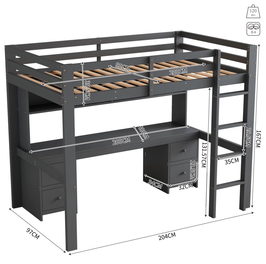 Letto a soppalco 90x200 cm con scrivania e cassetti grigio