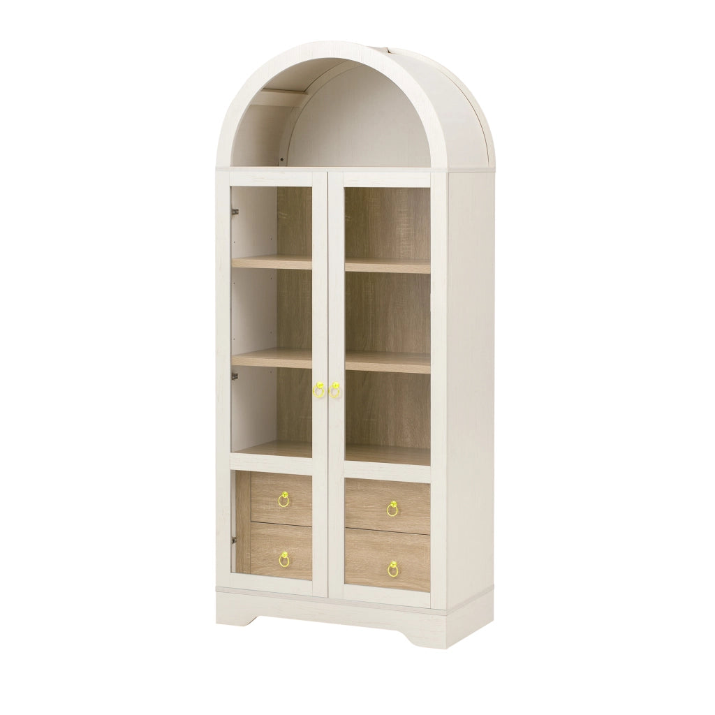 Credenza alta con 2 ante in vetro; 2 cassetti e ripiani regolabili per cucina; in MDF e vetro; 76.2×40.1×180 cm; bianco
