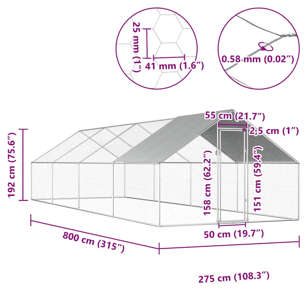 Gabbia per Polli da Esterno 2,75x8x1,92m in Acciaio Zincato 170791
