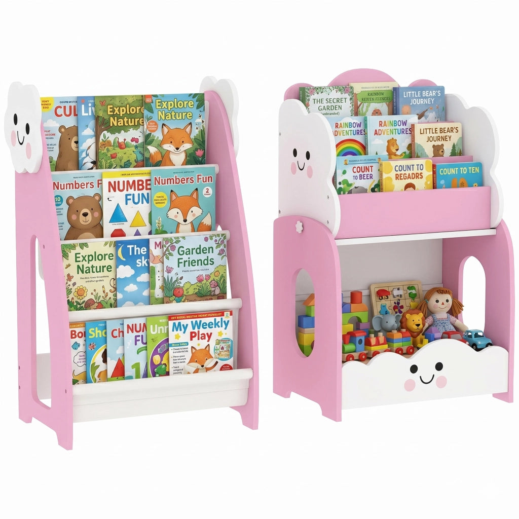 Libreria Modulare Bambini 3-in-1 con Scaffale ¨C Xylo ¨C Rosa con 4 Tasche e Comodino
