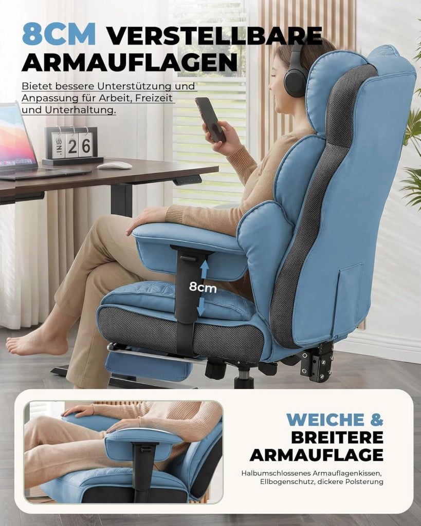 Sedia da gaming ergonomica da ufficio 180 kg, con supporto lombare regolabile e poggiapiedi, design ibrido in ecopelle e mesh, schienale regolabile a 150°, sedia direzionale alta, blu