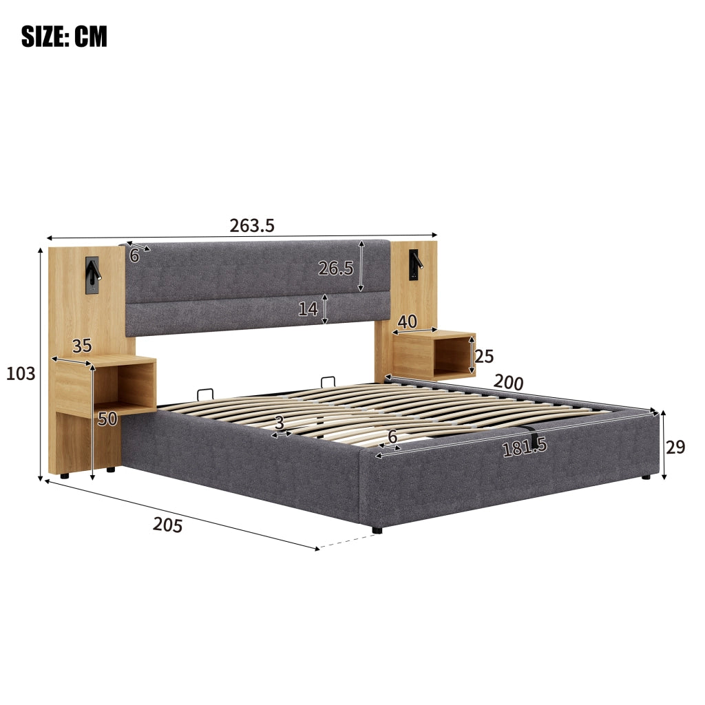 Letto contenitore 180x200 cm in velluto con USB, illuminazione, 2 comodini e rete a doghe