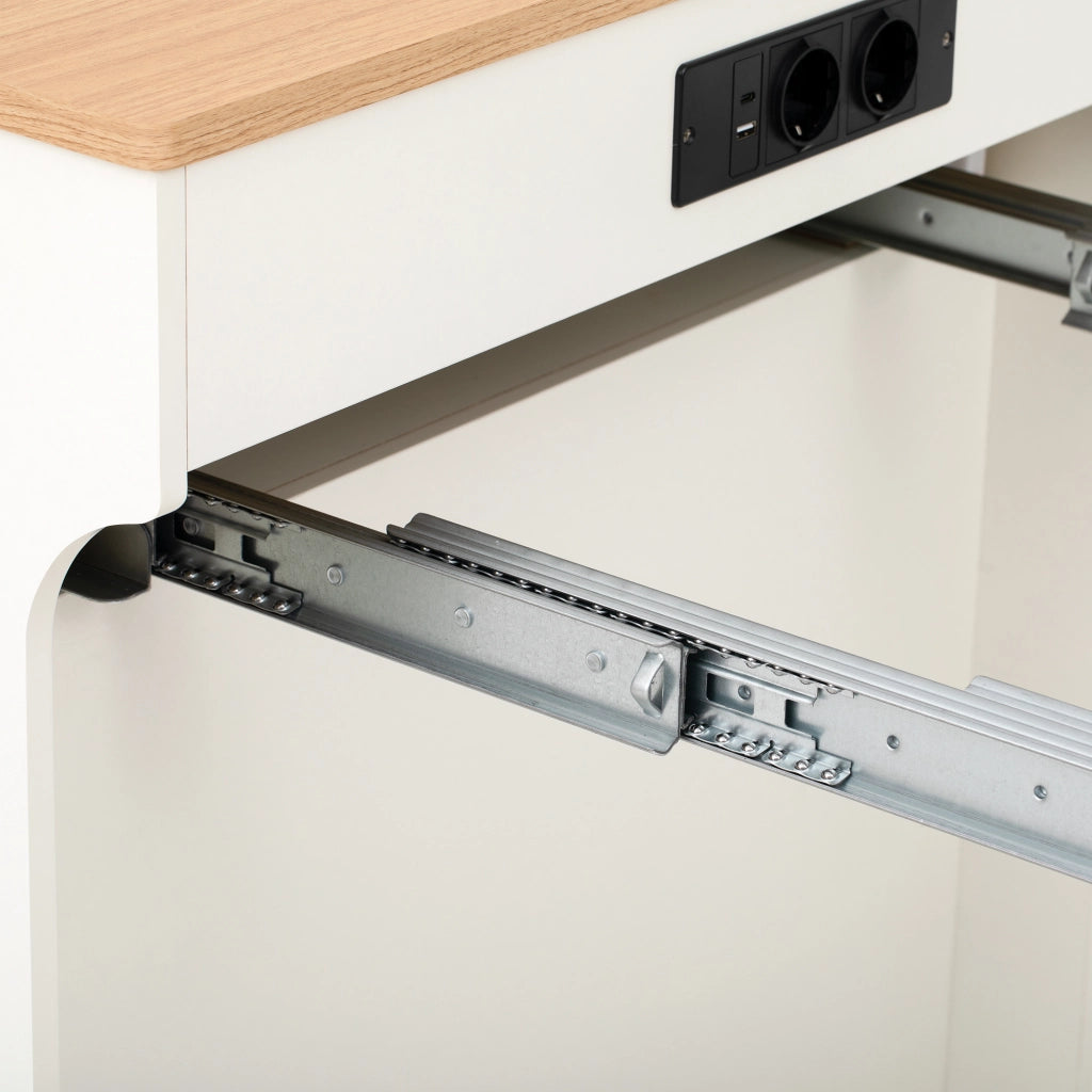 Tavolo allungabile con 2 cassetti e prese; per cucina; in MDF e vetro; bianco