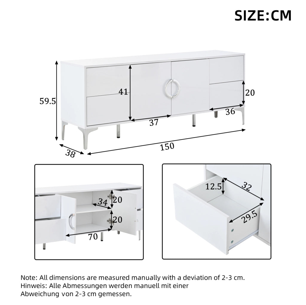 Credenza bianca lucida 150 cm con 4 cassetti e 2 ante