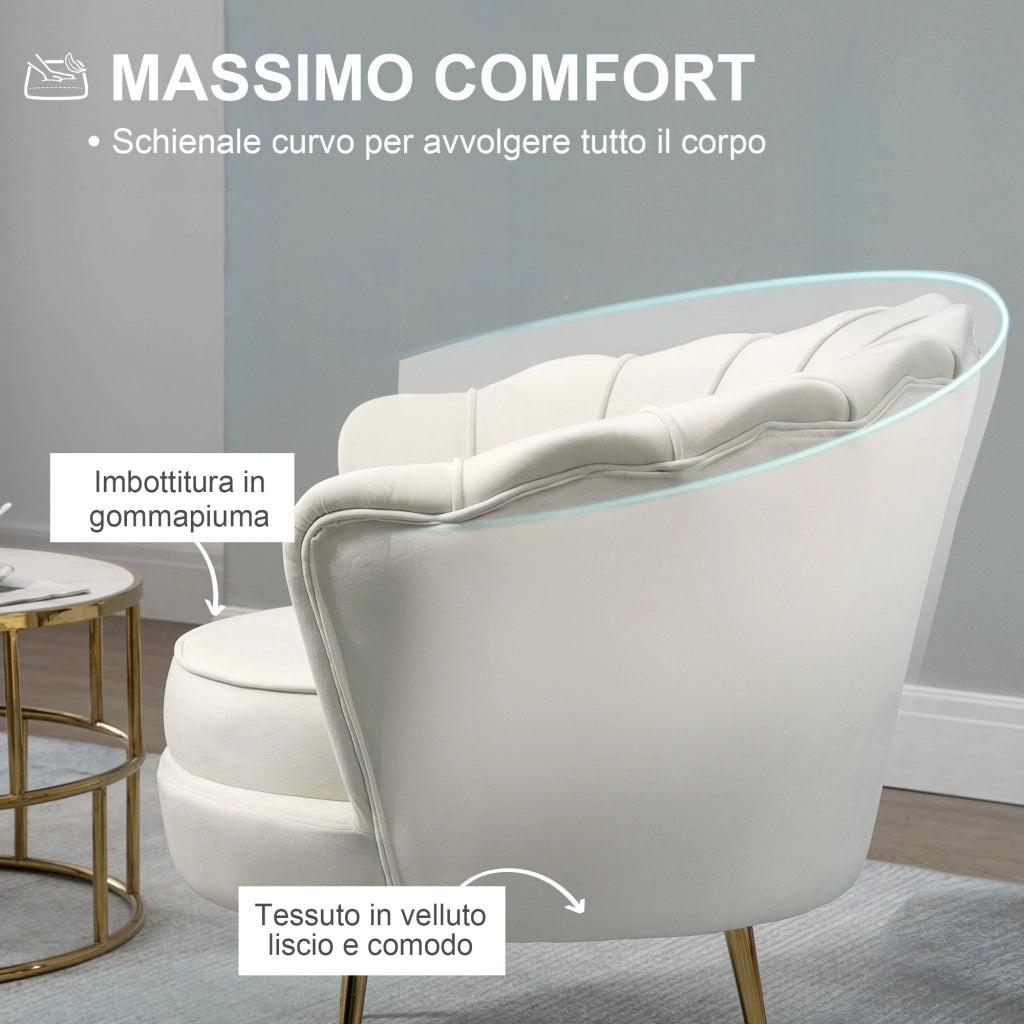Poltrona di Design Stile Vintage Imbottita in Velluto, 79x77x77cm, Crema