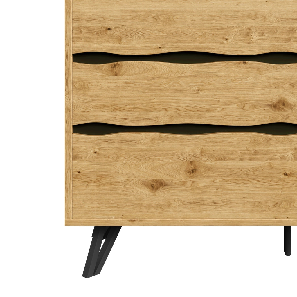 Credenza moderna con 6 cassetti, effetto legno e piedi in metallo